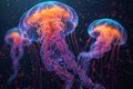 Ethereal jellyfish illuminate the dark ocean with an enchanting glow