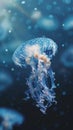 Ethereal jellyfish swimming against a deep blue ocean background