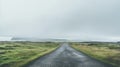 Ethereal Landscape Empty Road Through Meadow Under Cloudy Skies