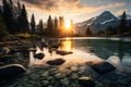 Ethereal Landscape Shot Capturing the Sun\'s Golden Hue Over Majestic Mountains and Serene Lakes