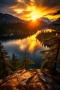 Ethereal Landscape Shot Capturing the Sun\'s Golden Hue Over Majestic Mountains and Serene Lakes