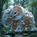 An ethereal, life-sized elephant sculpture glows in a natural forest setting The sculpture is made of small, luminous Royalty Free Stock Photo