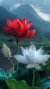 Ethereal Lotus Blossoms Against a Misty Mountain Backdrop. Generative ai