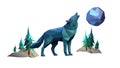 Ethereal Low Poly Wolf Howling at Moon, Forest Night, vector design Generative AI Royalty Free Stock Photo