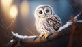 Ethereal Majesty: A Majestic Owl Perched Amidst the Forest\'s Serenity at Sunset. Generative AI