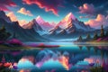 Ethereal Majesty: Surreal Landscape Bathed in the Glow of an Ethereal Light, Majestic Mountains Piercing the Horizon