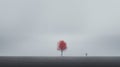 Ethereal Minimalism: A Little Person Amidst A Red Tree