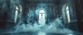 Ethereal Mist Engulfs Grand Hallway. Concept Fantasy Setting, Mystical Atmosphere, Enchanted Royalty Free Stock Photo