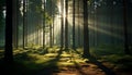 Ethereal misty forest with enchanting sunbeams and radiant light rays dancing through the trees