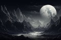 Ethereal Monochrome big moon above the mountains. Generate ai