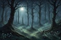 Ethereal Moonlit Forest with Glistening Dewdrops
