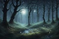 Ethereal Moonlit Forest with Glistening Dewdrops