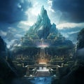 Ethereal mountain temple1 ancient sanctuary, lofty peaks, serene atmosphere, mystical landscape