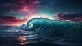 Ethereal Oceanic Symphony: A Fantastic Quantum Interference of Waves in a Beautiful Night Sky and Full Color Sunset Illustration Royalty Free Stock Photo