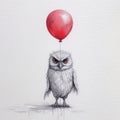 Ethereal Owl With Red Balloon: Monochromatic Realism And Clever Wit