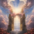 An ethereal painting depicting a staircase leading up to a doorway made of clouds Royalty Free Stock Photo