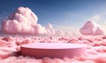 Ethereal pastel pink platform amidst cumulus clouds during a dreamy sunset, symbolizing a serene, imaginative concept of
