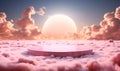 Ethereal pastel pink platform amidst cumulus clouds during a dreamy sunset, symbolizing a serene, imaginative concept of