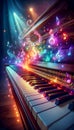 An ethereal piano with radiant musical notes emanating in a captivating dance of light, GenerativeAI