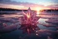 Ethereal pink crystal formation resting on frozen water against a mesmerizing sunset.