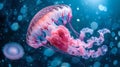 Ethereal pink jellyfish swimming in a blue ocean. underwater elegance captured in a dreamy scene. vivid marine life Royalty Free Stock Photo