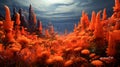 Ethereal Planet: Hyperrealistic Orange Corals Wallpaper And Luminous Scenes