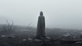 Ethereal Portrait: Girl In Grey Cloak Amidst Silver Fog