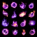 Ethereal purple flames and wizardry spell lights, collection isolated on black background. Generative AI illustrations Royalty Free Stock Photo