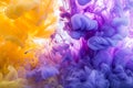 Ethereal purple and yellow ink clouds billowing in water, ideal for abstract and imaginative compositions.