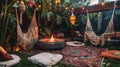 Ethereal Retreat: Bohemian Backyard Bliss with Macrame Swings and Moroccan Lanterns Royalty Free Stock Photo