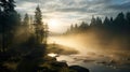 Ethereal River Dawn: Robotics Harmony In Boreal Forest Mist