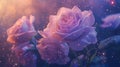 Ethereal roses in soft pink and violet against a starry cosmic background with celestial elements Royalty Free Stock Photo