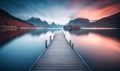 Ethereal Scandinavian Evening Lake Wooden Pier as Dreamy Background.