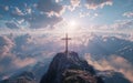 An ethereal scene with a cross atop a misty mountain, the sun breaking through the clouds, instilling a profound sense