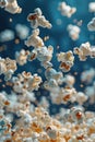 Ethereal scene of popcorn kernels floating mid-air.