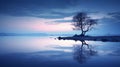 Ethereal Seascapes: A Lone Tree Reflecting On A Dusk Lake