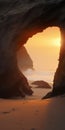 Ethereal Seascapes: Sand Dune Cave With Soft Muted Waves And Sunrise