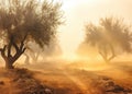 Ethereal Serenity: Olive Trees in a Foggy Field at Sunset in Crete, Greece Royalty Free Stock Photo