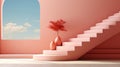 A pink staircase with a tree in a vase
