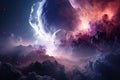 Ethereal space-time warp with dreamy clouds and glowing celestial bodies