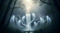 Ethereal Spirits Dancing in a Misty Forest with a Cascading Waterfall Under a Mysterious Glow Royalty Free Stock Photo