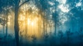 Ethereal sunbeams filter through the fog-covered woods at dawn Royalty Free Stock Photo