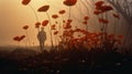 Ethereal Sunrise: A Hazy Silhouette In A Field Of Red Poppies