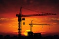 Ethereal Sunset Silhouette: Construction Crane Reaching for the Sky, a Symbol of Ambition and Progress on the Urban Horizon