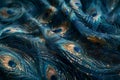 Ethereal swirls of blue and gold mimic the intricate beauty of peacock plumes in this abstract design