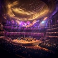 Ethereal Symphony Hall with Grand Chandeliers, Orchestra, and Renowned Composers