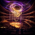 Ethereal Symphony Hall with Grand Chandeliers, Orchestra, and Renowned Composers