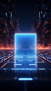 Ethereal synthesis: 3D abstract ground meets a floating blue neon frame, retrowave-inspired.