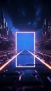 Ethereal synthesis: 3D abstract ground meets a floating blue neon frame, retrowave-inspired.