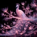 Ethereal translucent holographic pink, perched on a branch, light sclupture, 3D laser light, ghostly, fantasy